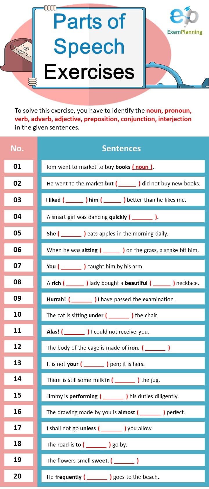 Parts of Speech Exercises - ExamPlanning % Inside Parts Of Speech Worksheet Pdf