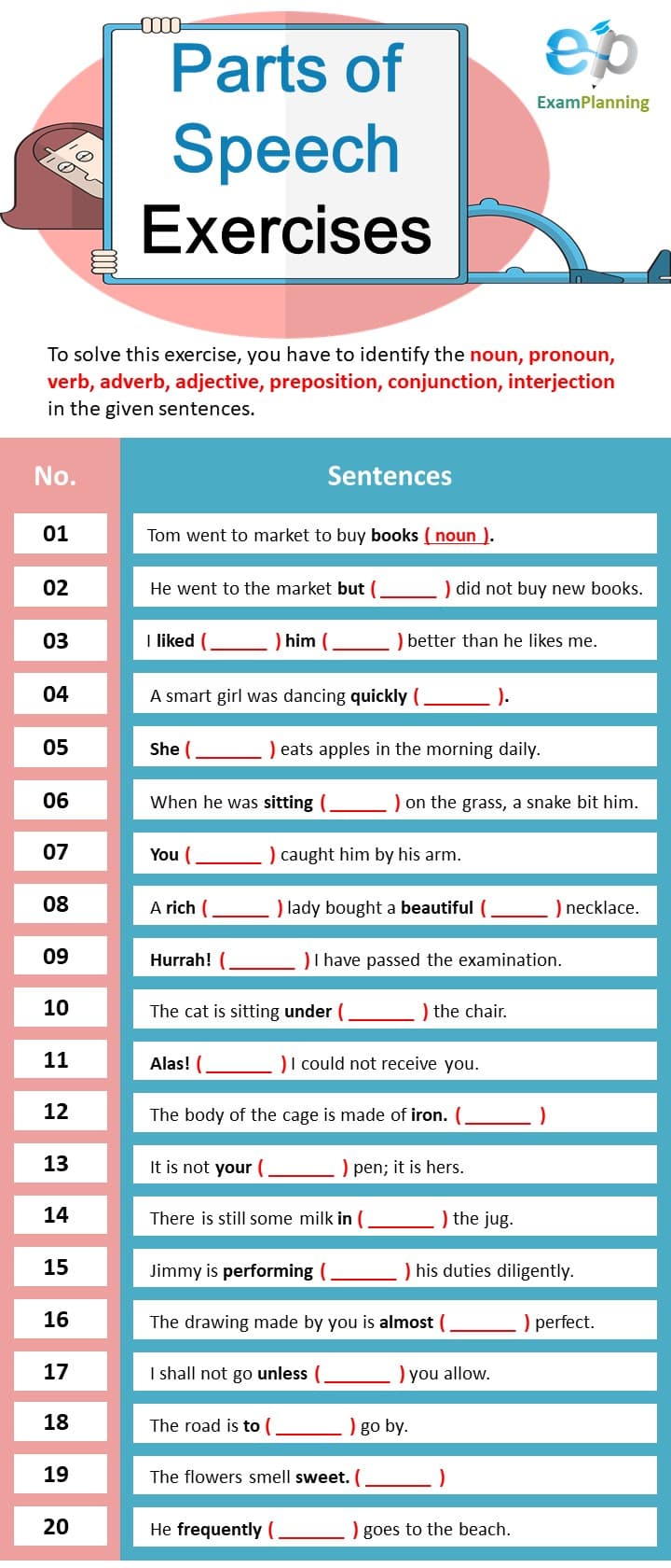 Parts of Speech Exercises - ExamPlanning % In Parts Of Speech Review Worksheet